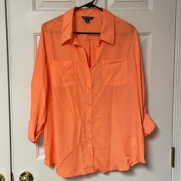 **NWT** Womens L (12-14) George Bright Orange Button Down Sheer Blouse